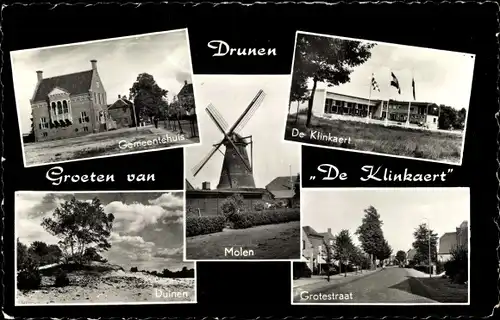 Ak Drunen Nordbrabant, De Klinkaert, Molen, Gemeentehuis, Duinen, Grotestraat