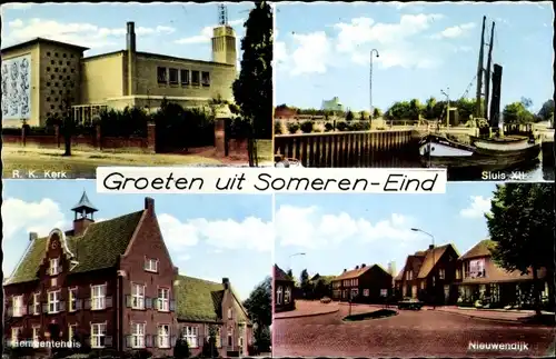 Ak Someren Eind Nordbrabant, R. K. Kerk, Sluis XII, Gemeentehuis, Nieuwendijk