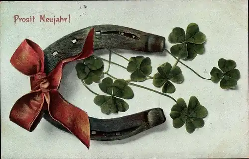 Ak Glückwunsch Neujahr, Hufeisen, Glücksklee, Schleife