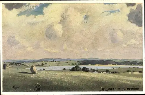 Künstler Ak Huber Inning, K., Landschaftsbild, Wolken, Wiese