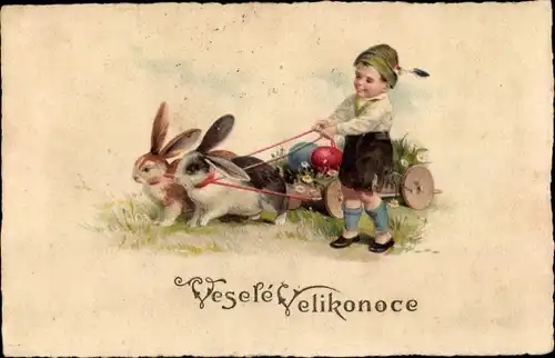Ak Glückwunsch Ostern, Junge, Osterhasen, Ostereier