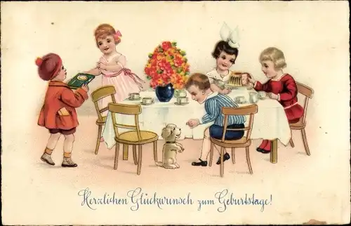Ak Glückwunsch Geburtstag, Gratulanten am Tisch, Hund, Blumenstrauß