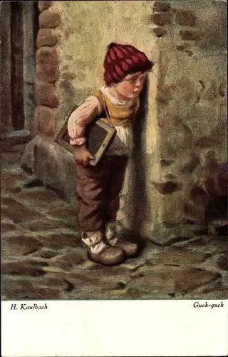 Künstler Ak Kaulbach, H., Guck-guck, Neugieriger Junge, Schultafel