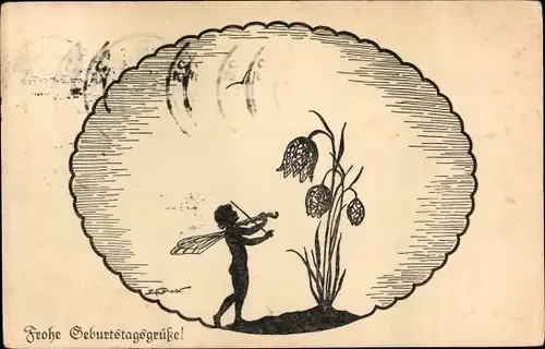 Scherenschnitt Künstler Ak Forck, Elsbeth, Glückwunsch Geburtstag, Elfe mit Geige, Blume