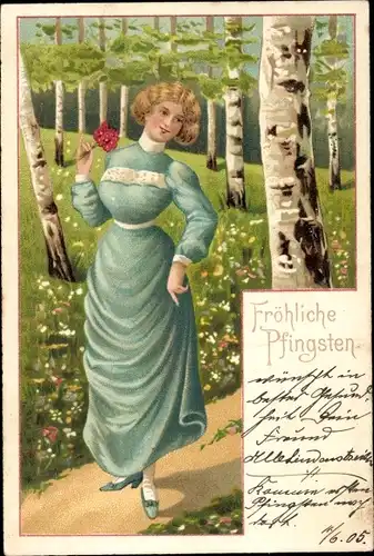 Litho Glückwunsch Pfingsten, Frau im Wald, Birken