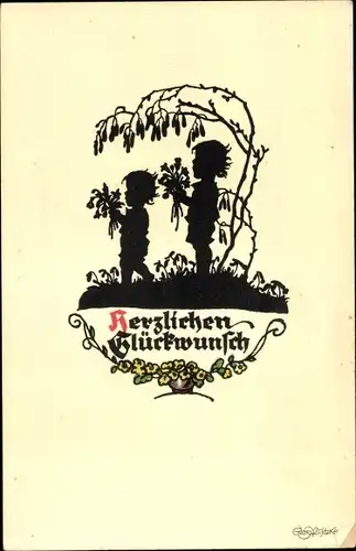 Scherenschnitt Künstler Ak Glückwunsch, Kinder, Gratulanten, Blumen