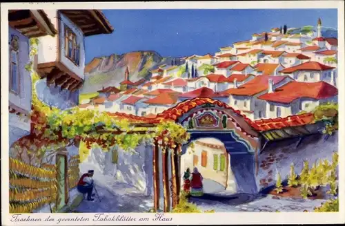 Künstler Ak Dupniza Bulgarien, Tabakdorf, Trocknen der Tabakblätter