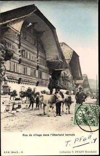Ak Kt. Bern Schweiz, Straßenpartie in einem Dorf vom Berner Oberland, Kühe