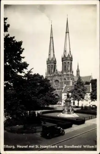 Ak Tilburg Nordbrabant Niederlande, Heuvel met St. Josephkerk en Strandbeeld Willem II.