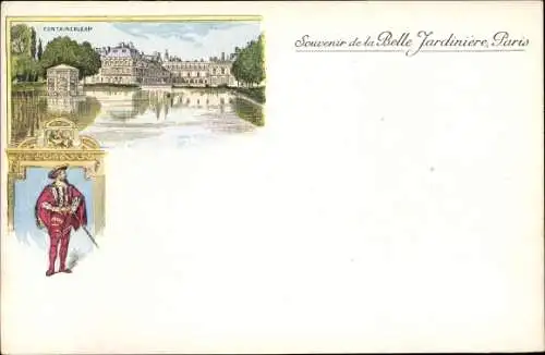 Litho Fontainebleau Seine et Marne, Schloss, Reklame, Belle Jardiniere, Rue du Pont Neuf