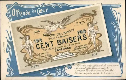 Ak Offrande du Coeur, Cent Baisers, Banque de l'Amitie, Geldschein