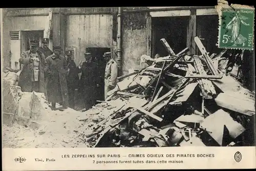 Ak Les Zeppelins sur Paris, Crimes odieux des Pirates Boches, 7 personnes furent tuées, I. WK