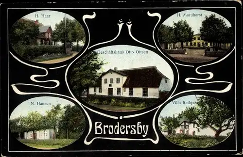 Ak Brodersby Goltoft in Angeln, Geschäftshaus Otto Ottsen, Villa Rathje, N. Hansen, Haar, Mordhorst