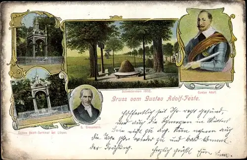Litho Lützen im Burgenlandkreis, Gustav Adolf, Schwedenstein, S. Grossmann