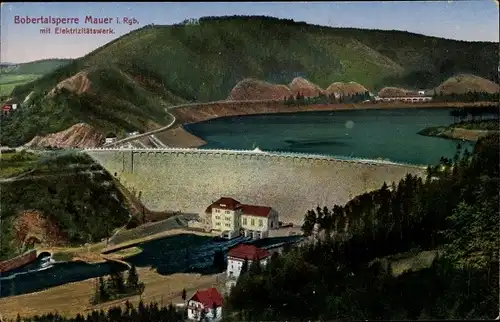 Ak Pilchowice Mauer Wleń Lähn Schlesien, Bobertalsperre mit Elektrizitätswerk
