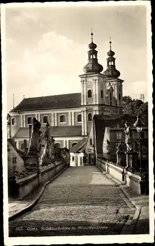 Ak Kłodzko Glatz Schlesien, Brücktorbrücke mit Minoritenkirche