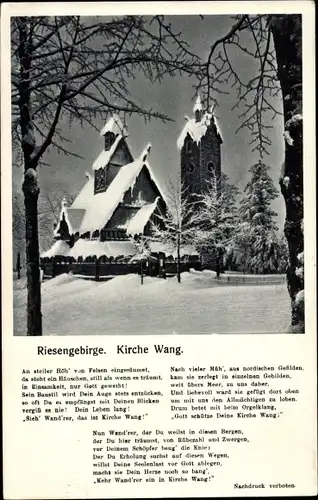 Gedicht Ak Karpacz Górny Brückenberg Krummhübel Riesengebirge Schlesien, Kirche Wang