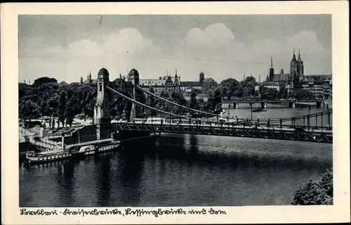 Ak Wrocław Breslau Schlesien, Kaiserbrücke, Lessingbrücke, Dom, Salondampfer an der Anlegestelle