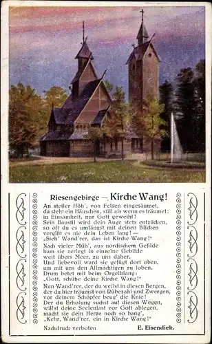 Ak Brückenberg b. Krummhübel Riesengebirge Schlesien, Kirche Wang, Gedicht von E. Eisendiek