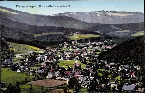 Ak Karpacz Krummhübel Riesengebirge Schlesien, Panorama von Ort und Umgebung, Schneekoppe