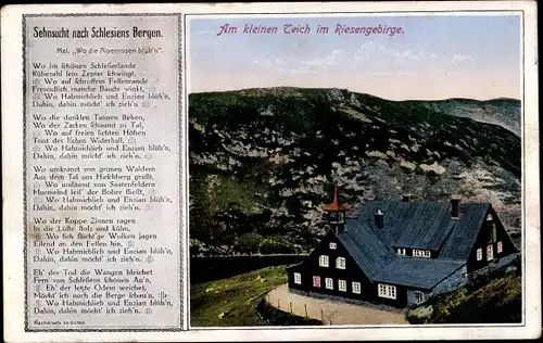 Ak Karpacz Krummhübel Riesengebirge Schlesien, Mały Staw, Kleiner Teich, Gedicht Sehnsucht nach...