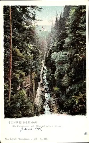 Ak Szklarska Poręba Schreiberhau Riesengebirge Schlesien, Zackelklamm, kath. Kirche