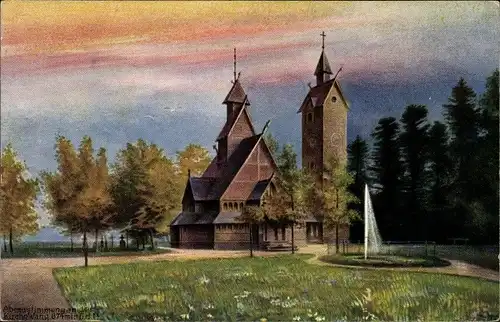 Künstler Ak Karpacz Górny Brückenberg Krummhübel Riesengebirge Schlesien, Kirche Wang am Abend