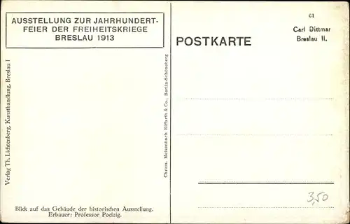 Künstler Ak Wrocław Breslau Schlesien, Jahrhundertfeier 1913, Ausstellung, Ausstellungsgebäude