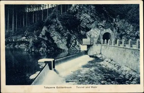 Ak Złotniki Lubańskie Goldentraum Schlesien, Talsperre, Tunnel und Wehr