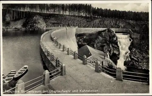 Ak Złotniki Lubańskie Goldentraum Schlesien, Talsperre mit Überlaufwehr und Kahnstation