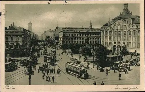 Ak Berlin Mitte, Alexanderplatz, Geschäftshäuser, Straßenbahnen