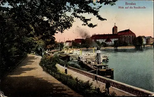 Ak Wrocław Breslau Schlesien, Sandkirche, Dampferanlegestelle