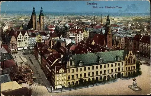 Ak Wrocław Breslau Schlesien, Blick vom Elisabeth Turm, Rathaus, Ring