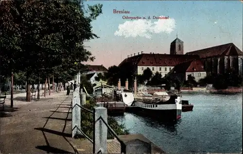 Ak Wrocław Breslau Schlesien, Oderpartie an der Dominsel, Sandkirche, Anlegestelle