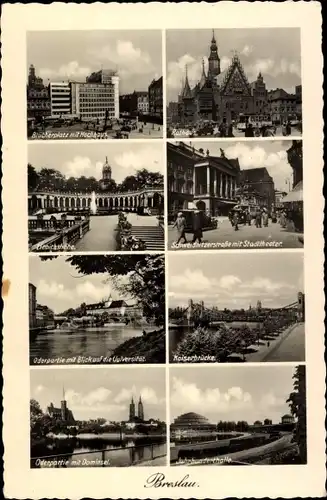 Ak Wrocław Breslau Schlesien, Schweidnitzer Straße, Stadttheater, Rathaus, Kaiserbrücke