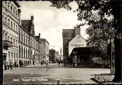 Ak Gera in Thüringen, Postamt und Hochhaus, Uhr, Gewerbebank