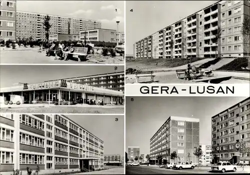 Ak Lusan Gera in Thüringen, Straße der Bauarbeiter, Kaufhalle Süd, Hans-Beimler-Oberschule