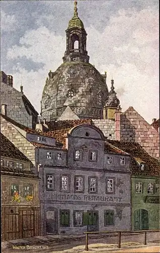 Künstler Ak Benkert, W., Dresden Altstadt, Kuppel der Frauenkirche, Mittmanns Restaurant, Aquarell