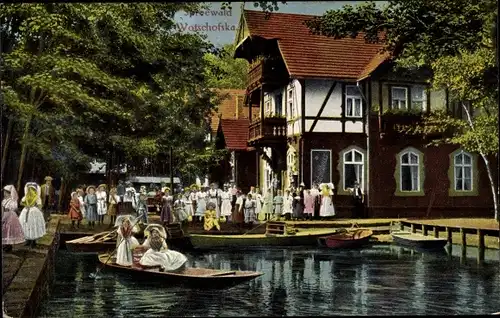 Ak Wotschofska Lübbenau im Spreewald, Etablissement Wotschofska, Trachten