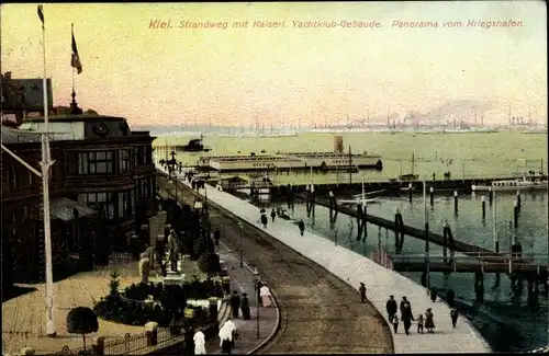 Ak Kiel, Strandweg mit Kaiserl., Yachtklub-Gebäude, Panorama vom Kriegshafen