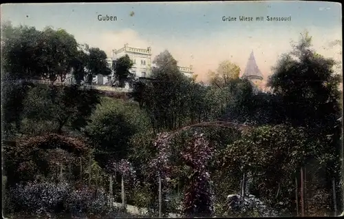 Ak Guben in der Niederlausitz, Grüne Wiese und Teilansicht von Sanssouci