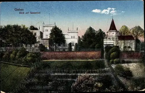 Ak Guben in der Niederlausitz, Blick auf Sanssouci, Garten, Häuser