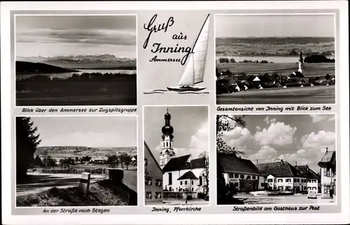 Ak Inning am Ammersee Oberbayern, Pfarrkirche, An der Straße nach Stegen, Gasthaus zur Post