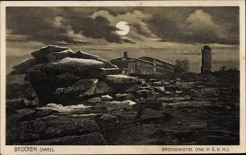 Mondschein Ak Brocken Nationalpark Harz, Brockenhotel