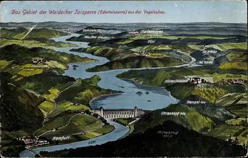 Ak Waldeck am Edersee Hessen, Edertalsperre aus der Vogelschau, Landkarte