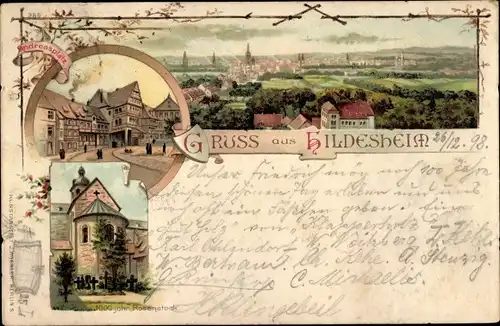 Litho Hildesheim Niedersachsen, Gesamtansicht, 1000 jähriger Rosenstock an der Kirche, Andreasplatz