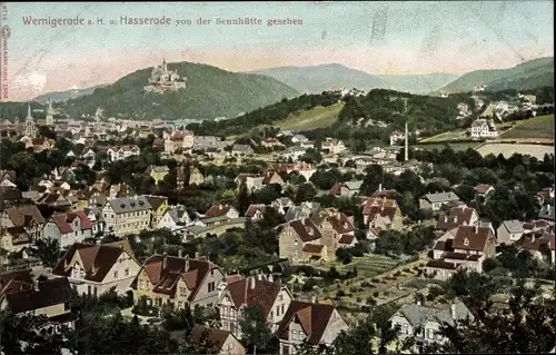 Ak Wernigerode am Harz, Panorama mit Hasserode von der Sennhütte gesehen, Schloss