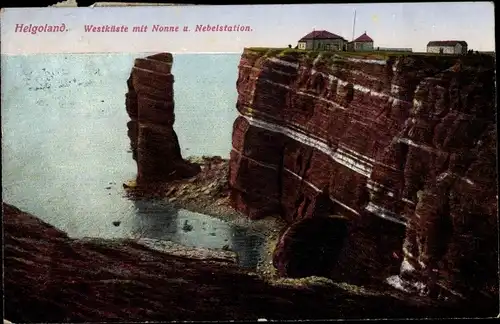 Ak Nordseeinsel Helgoland, Westküste mit Nonne und Nebelstation, Felsen