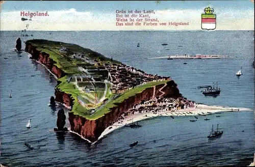 Ak Nordseeinsel Helgoland, Gesamtansicht, Dampfer, Segelboot, Wappen