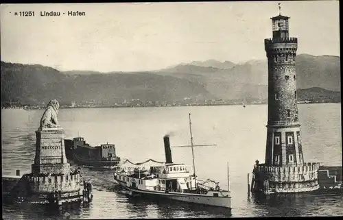 Ak Lindau am Bodensee Schwaben, Hafen, Leuchtturm, Dampfer